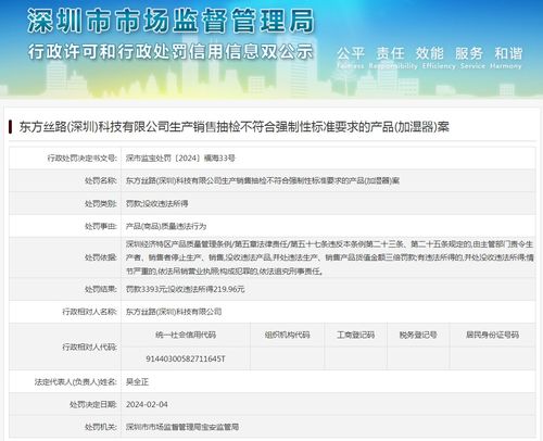 东方丝路 深圳 科技有限公司生产销售抽检不符合强制性标准要求的产品 加湿器 案